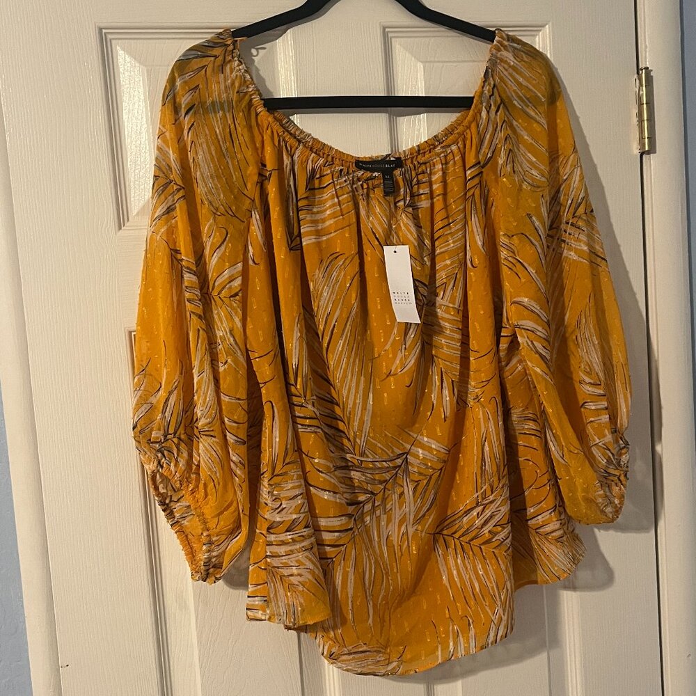 NWT White House Black Market Palm Print Swiss Off-Shoulder Blouse